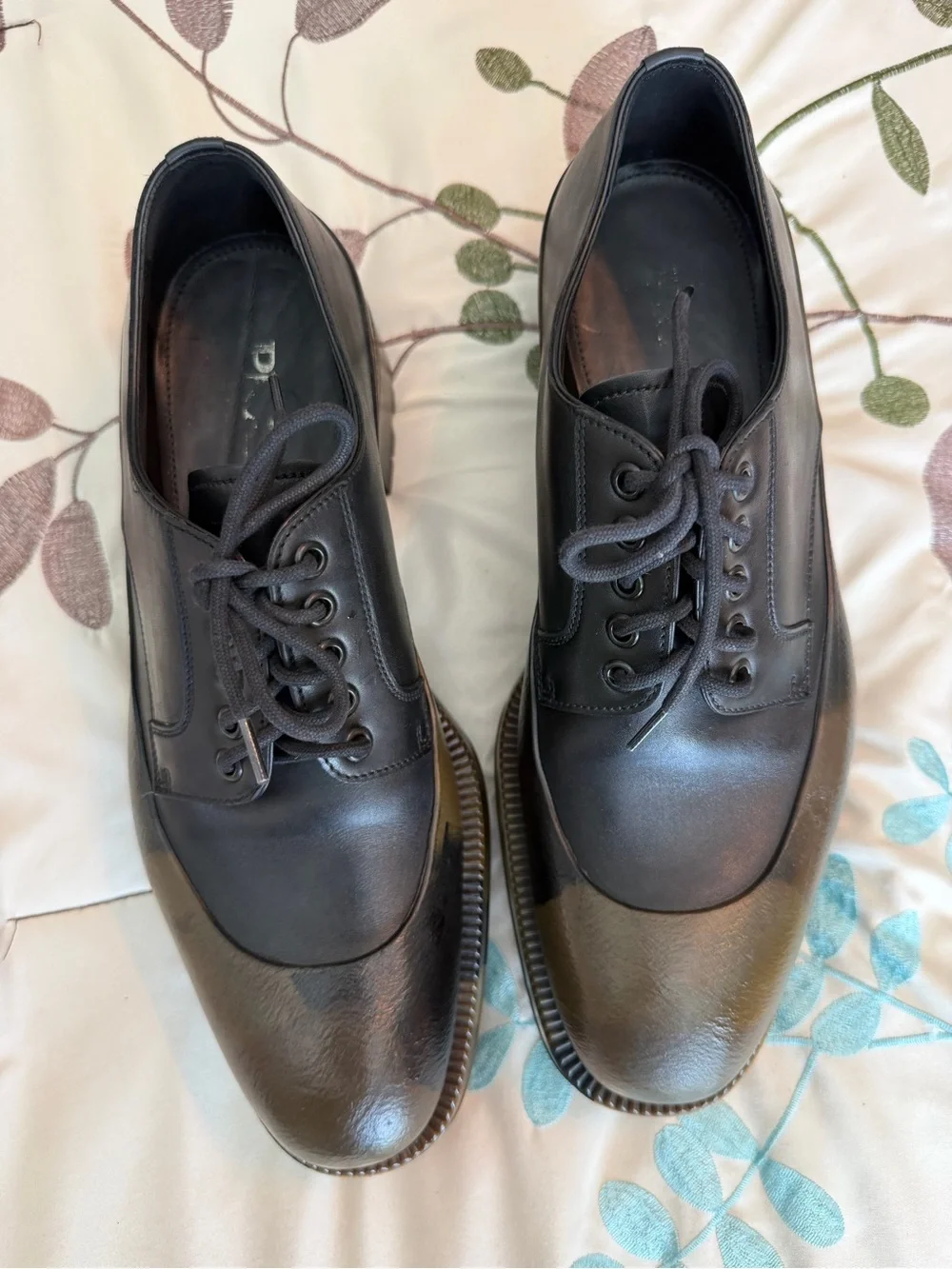 Prada Black & Camouflage Rubber Cap-Toe Lug Sole Leather Shoes Size 8 / US 9